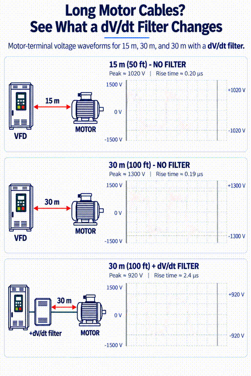 Animated comparison of VFD motor-terminal voltage for 15 m and 30 m motor cables, with and without a dV/dt filter.